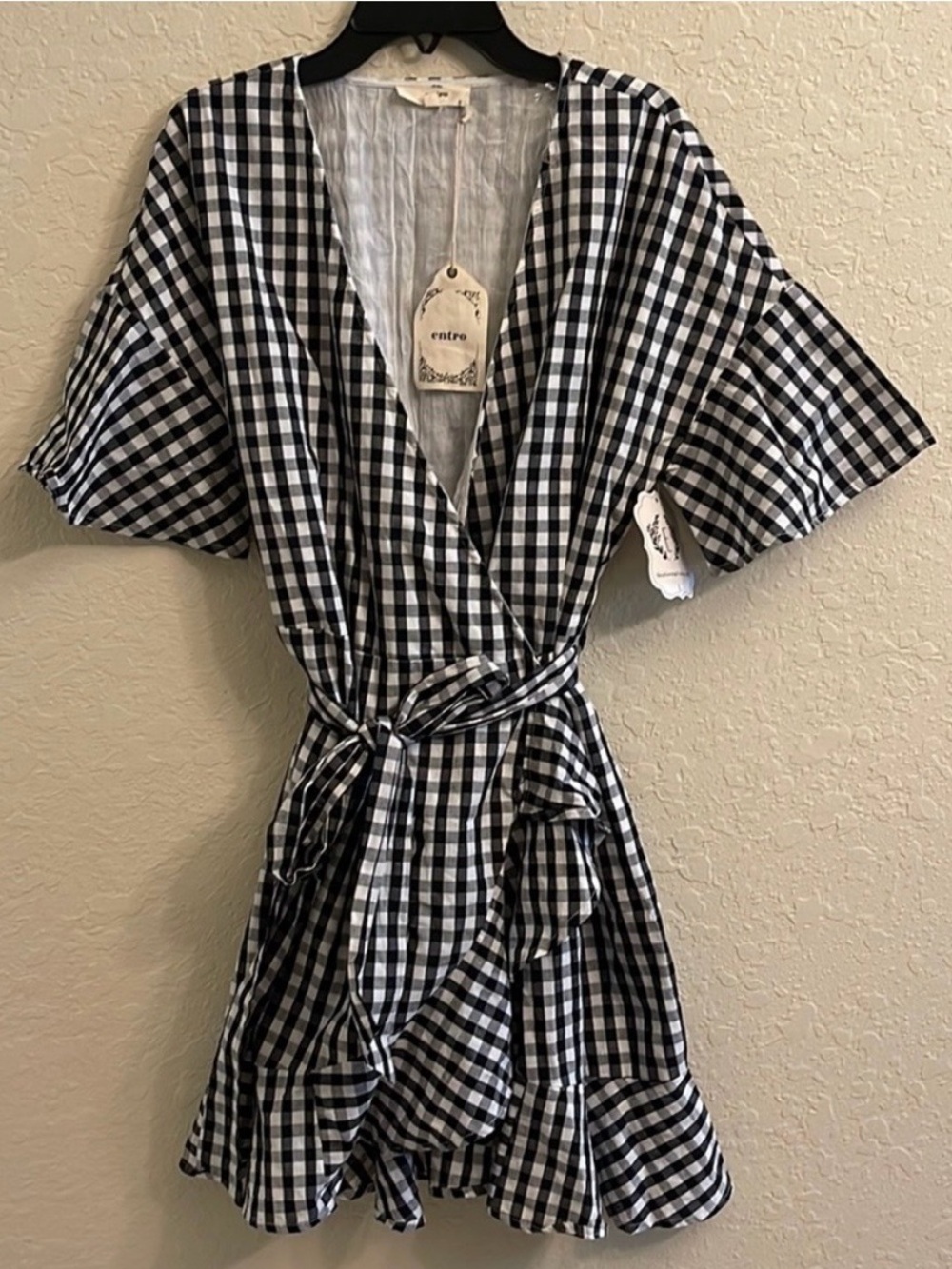 entro Black and White Gingham Midi Wrap Dress